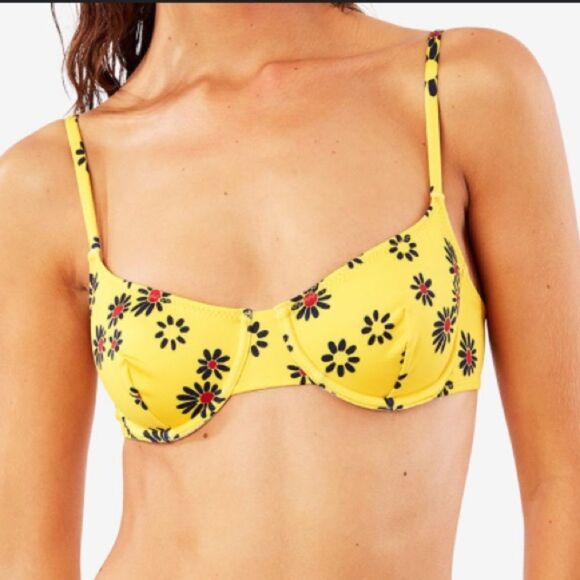 Revolve Solid & Striped Floral Bikini Top Swim Underwire Yellow Black Red Large - Picture 12 of 12
